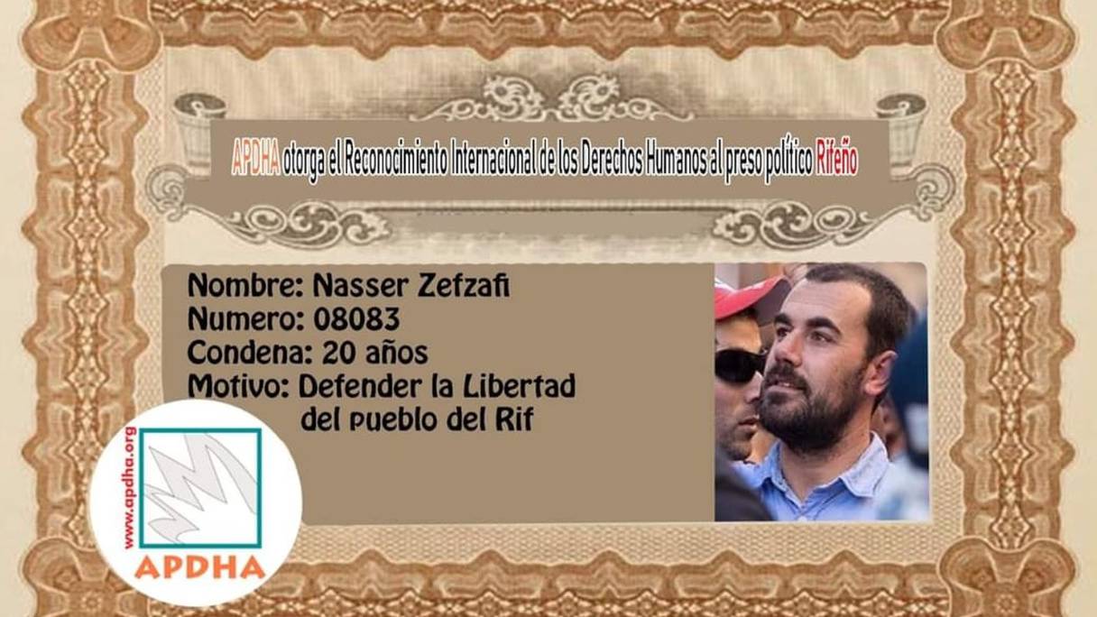 La fausse reconnaissance par l'association des droits de l'homme andalouse "APDHA" de Nasser Zefzafi comme étant un défenseur des droits de l'Homme.

