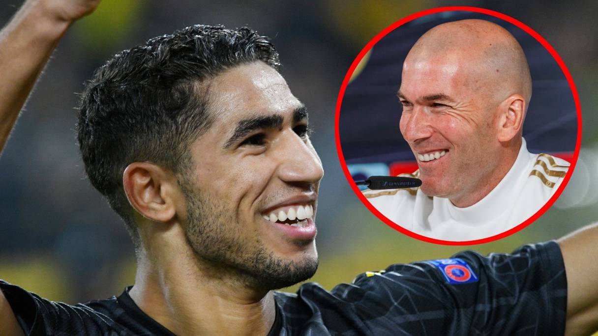 L'international marocain, Achraf Hakimi, et l'entraîneur du Real Madrid, Zinédine Zidane.
