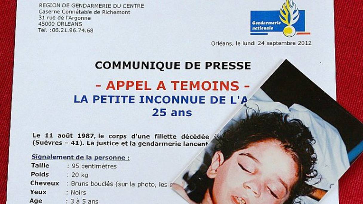 Appel à témoins diffusé en 2012 pour identifier la fillette dont le corps mutilé avait été retrouvé sur l'autoroute Paris-Tours en août 1987.
