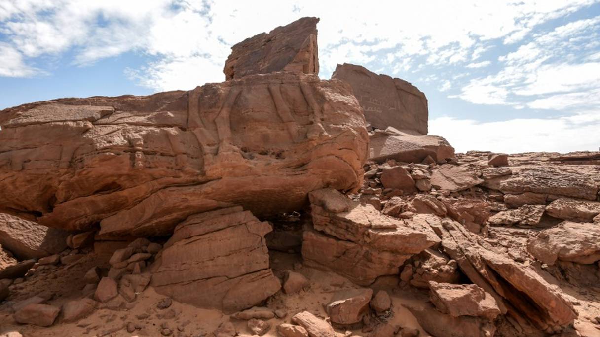 Sculpture d'un chameau dans la roche, dans le désert de la province d'Al-Jouf, dans le nord de l'Arabie saoudite, le 22 février 2018.
