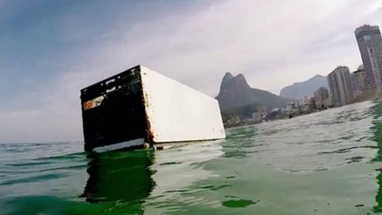 Drôle de rencontre avec un réfrigérateur flottant dans la baie de Rio. 
