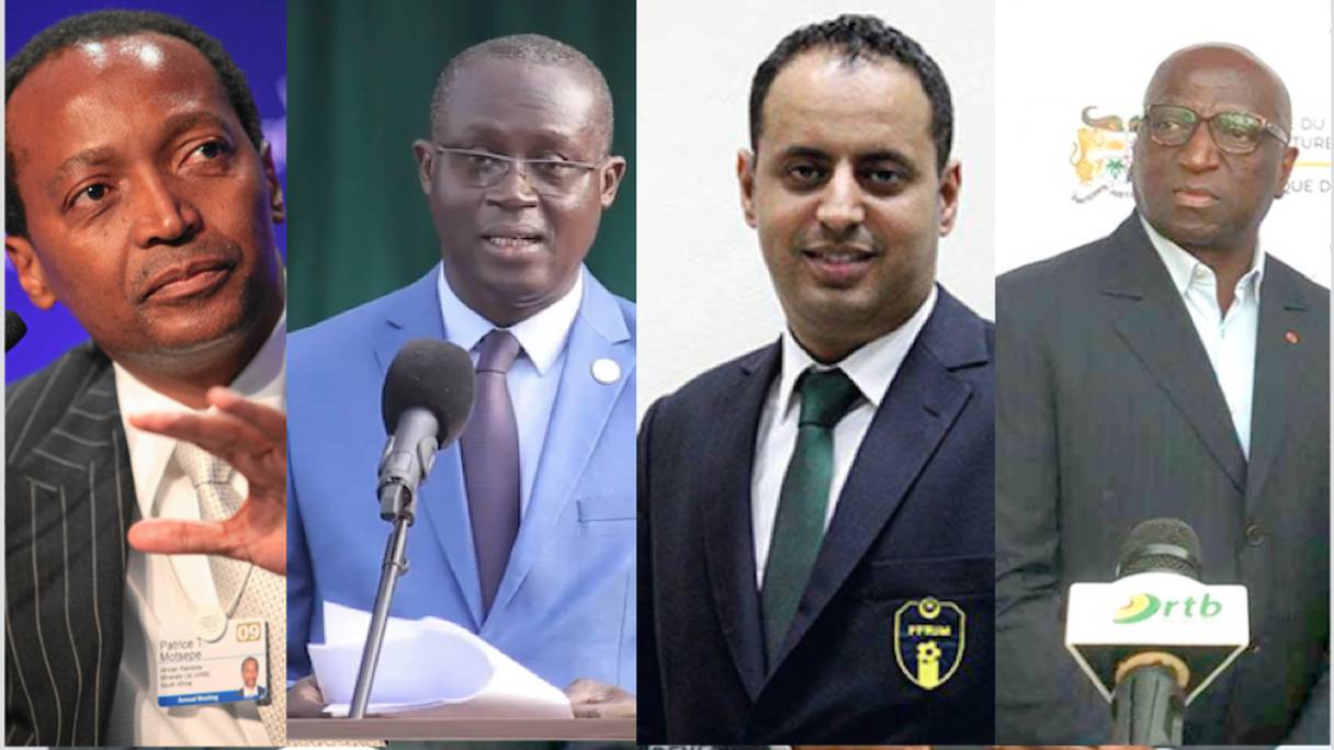 Les 4 candidats à la présidence de la CAF (de gauche à droite): Patrice Motsepe (Afrique du Sud), Augustin Senghor (Sénégal), Ahmed Yahya (Mauritanie) et Jacques Anouma (Côte d'Ivoire).
