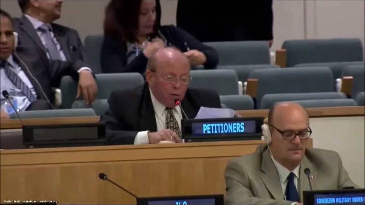 Ricardo Sanchez Serra, président fondateur du Conseil péuvien d'amitié avec la "rasd". Ici, à l'Assemblée générale de l'ONU en tant que pétitionnaire en faveur de l'entité séparatiste. 
