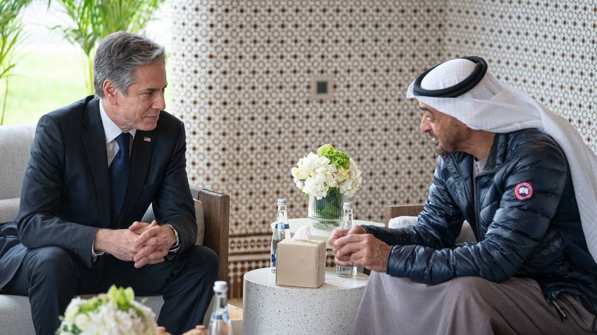Rencontre à Rabat entre le secrétaire d'État américain, Antony Blinken et le prince héritier d'Abu Dhabi, Mohammed ben Zayed Al-Nahyane, le 30 mars 2022.
