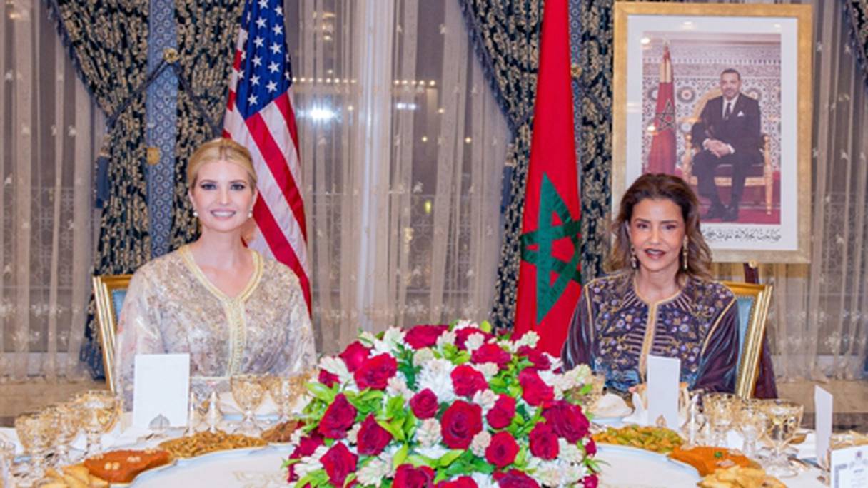 La princesse Lalla Meryem et  Ivanka Trump, Conseillère du président américain Donald Trump, lors du  dîner offert par le roi Mohammed VI, jeudi 7 novembre 2019, à Rabat.
