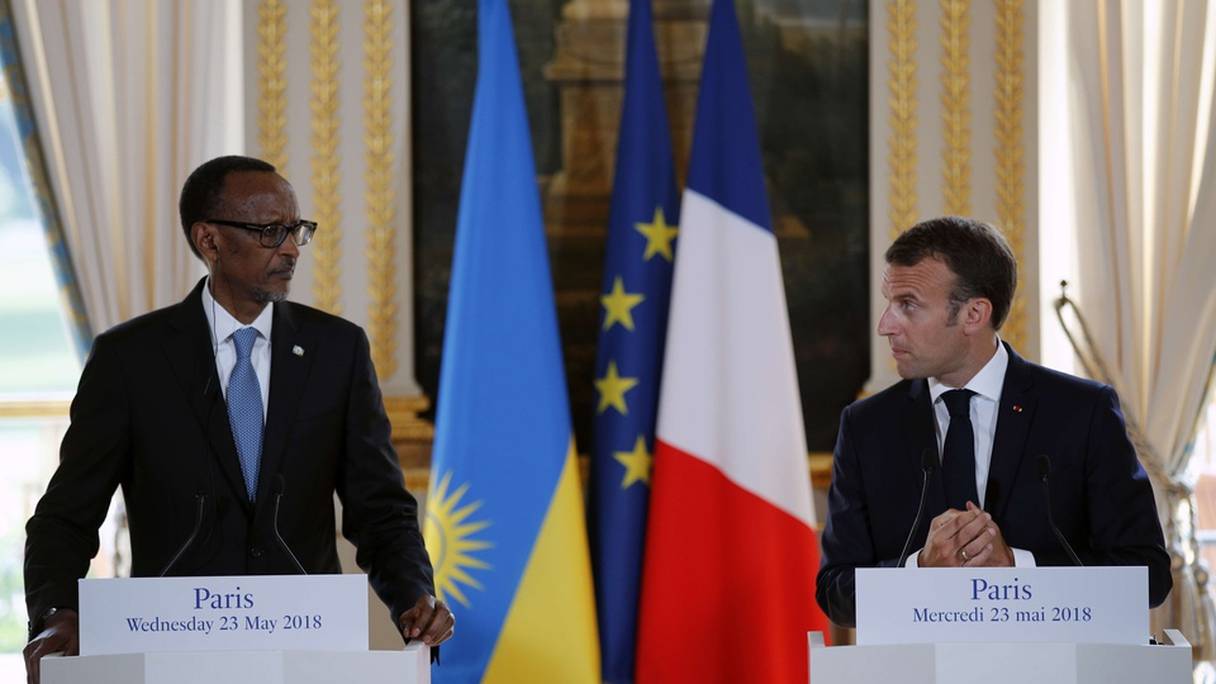 Paul Kagame et Emmanuel Macron, le 23 mai 2018 à l'Elysée.
