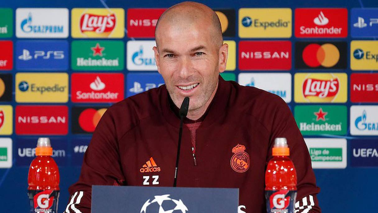 Zinedine Zidane lors de la conférence de presse après la victoire du Real face à Liverpool (3-0), le 6 avril 2021
