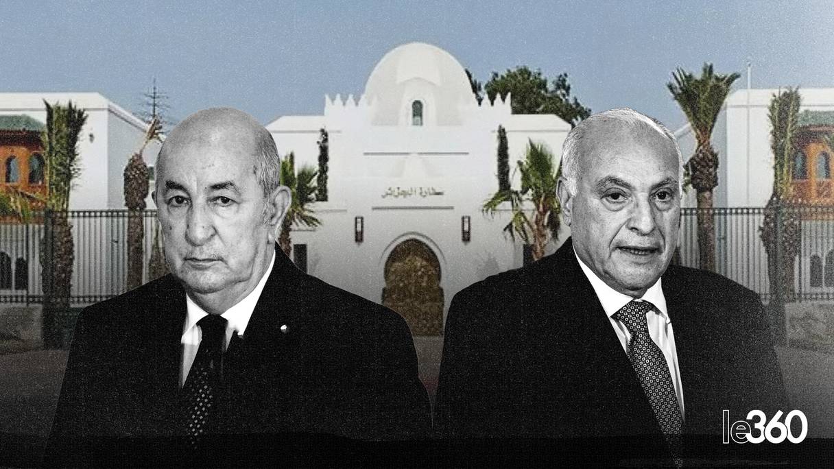 Le président algérien Abdelmadjid Tebboune et son ministre des Affaires étrangères Ahmed Attaf. Au fond, le siège de l'ambassade d'Algérie à Rabat.