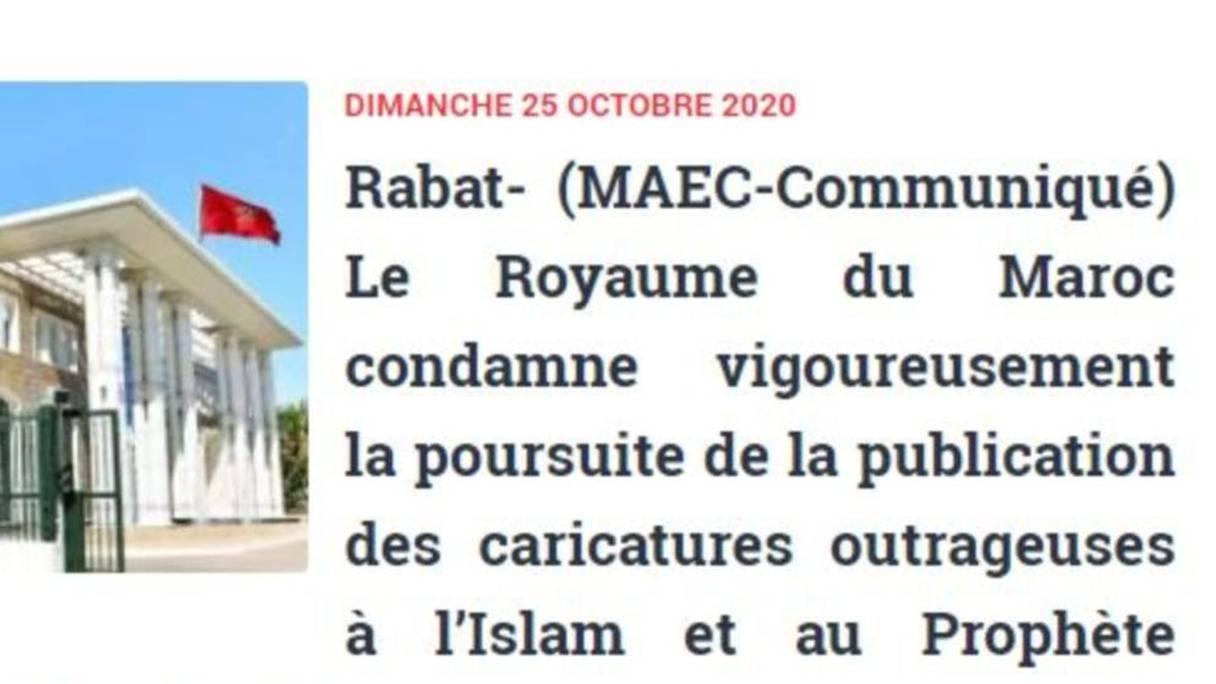 Extrait du communiqué du MAEC condamnant la poursuite de la publication des caricatures outrageuses à l'Islam et au prophète Sidna Mohammed.
