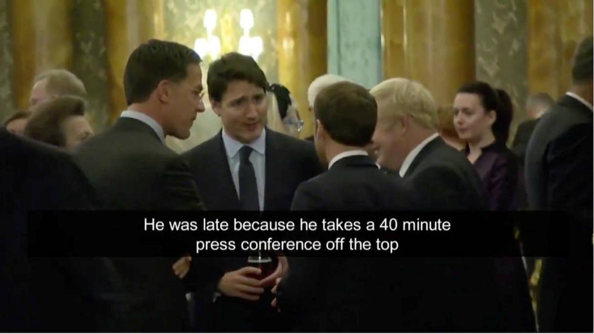 Conversation entre Justin Trudeau, Donald Trump, Emmanuel Macron, à Londres, lors du sommet de l'Otan le 4 décembre 2019 (capture d'écran). 
