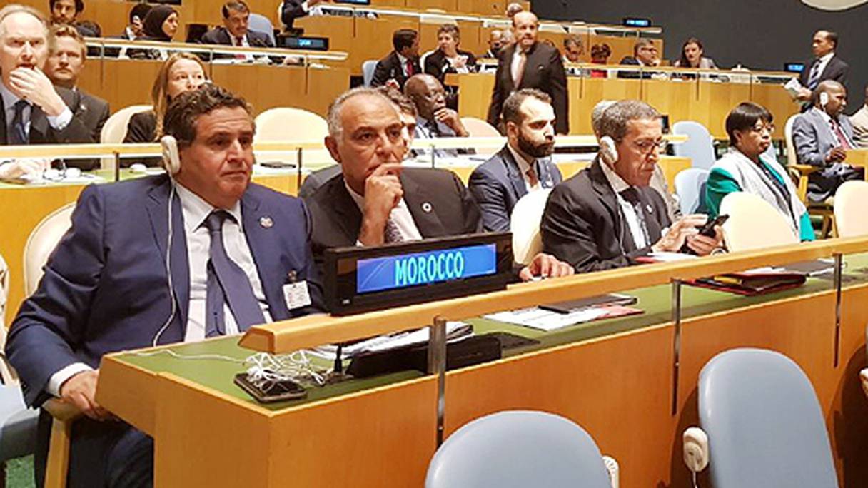 La délégation marocaine participant à la Conférence des Nations unies sur les océans, avec Aziz Akhannouch, Salaheddine Mezouar et Omar Hilale.
