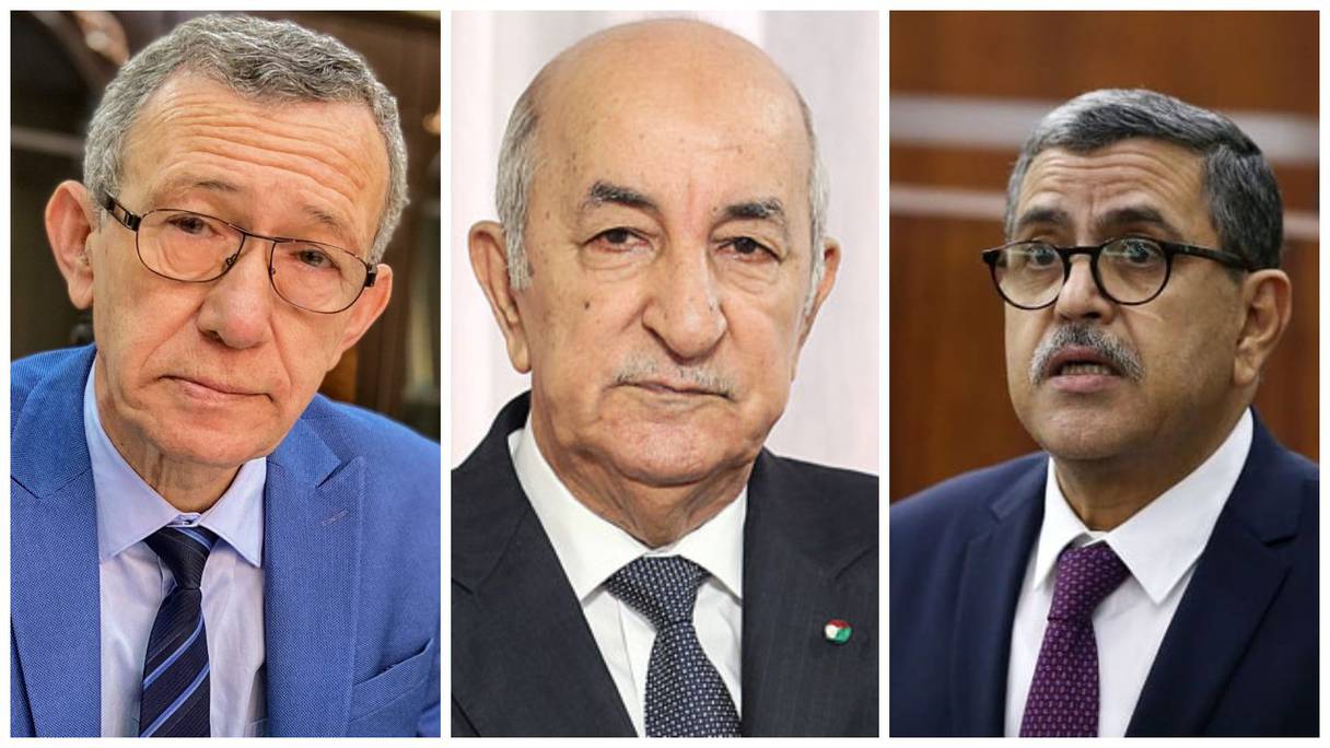 Abdelmadjid Tebboune entouré de ses deux ministres, Abdelaziz Djerad (à droite) et Ammar Belhimer (à gauche).
