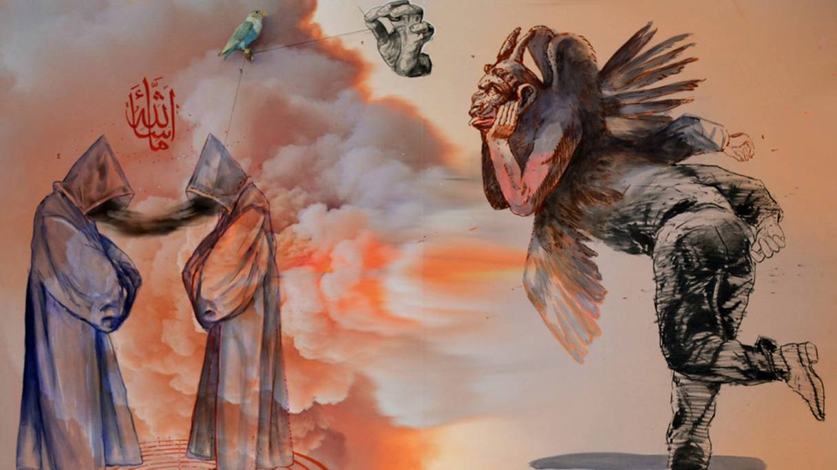 Mohamed Lekleti, Noyée dans la poussière de la lumière, 2019, technique mixte sur papier marouflé sur bois, 114 x 162 cm, collection Claude & France Lemand ©DR
