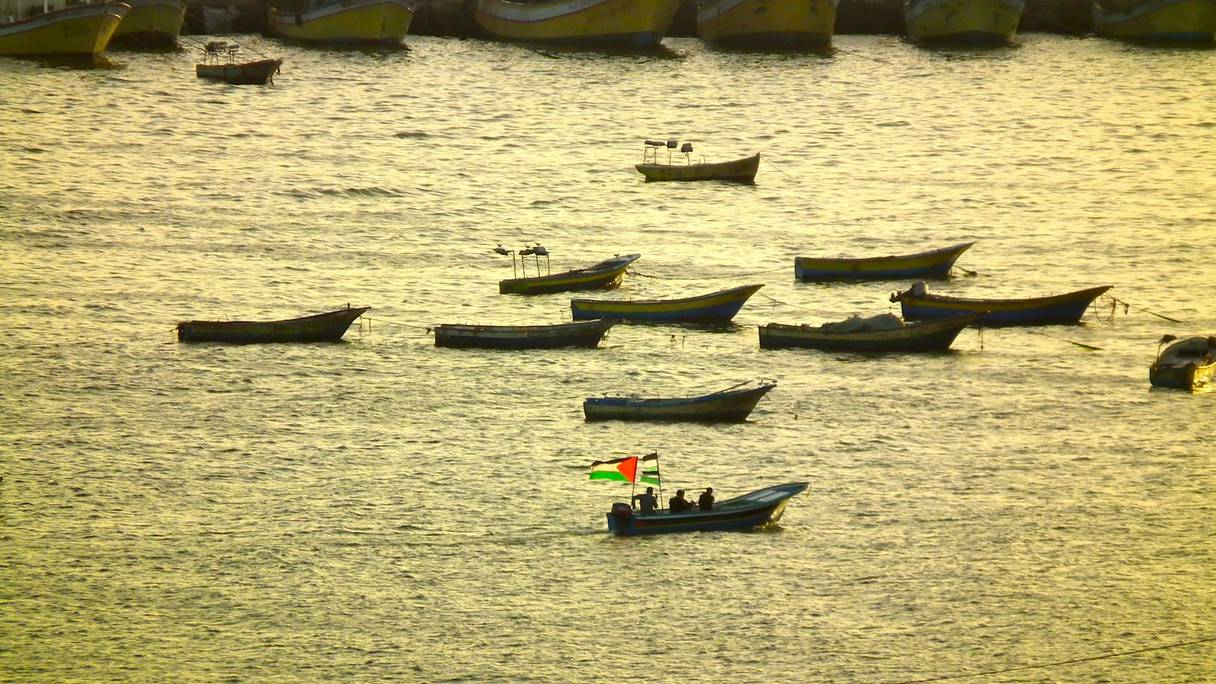 Un bateau arborant le drapeau palestinien dans le port de Gaza city, seul port en activité dans la bande de Gaza.
