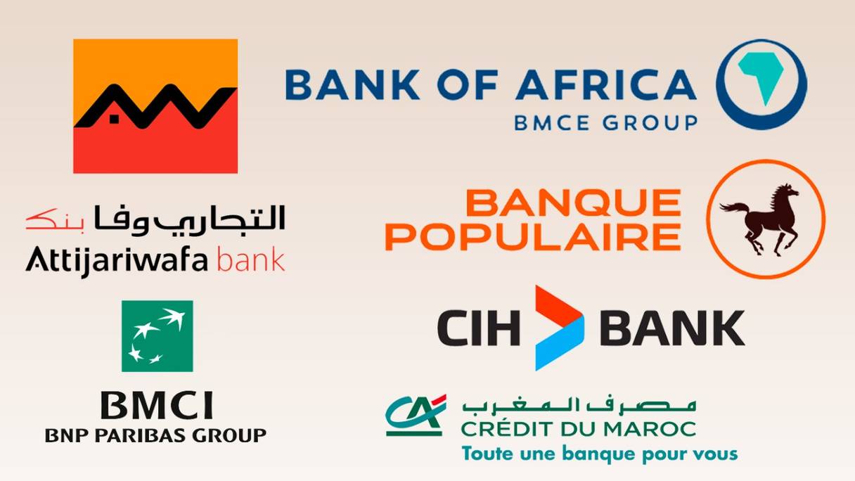 Logos des six groupes bancaires cotés à la Bourse de Casablanca.
