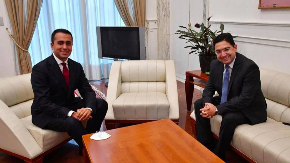 Lors de la rencontre entre le ministre des Affaires étrangères et de la coopération africaine, Nasser Bourita, et son homologue italien, Luigi Di Maio, mercredi 7 octobre 2020. 
