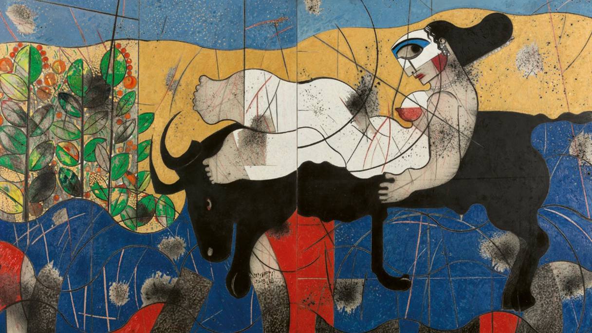 Saâd Ben Cheffaj (né en 1939). Composition, 2018. Diptyque. Huile sur toile. 180 x 324 cm.

