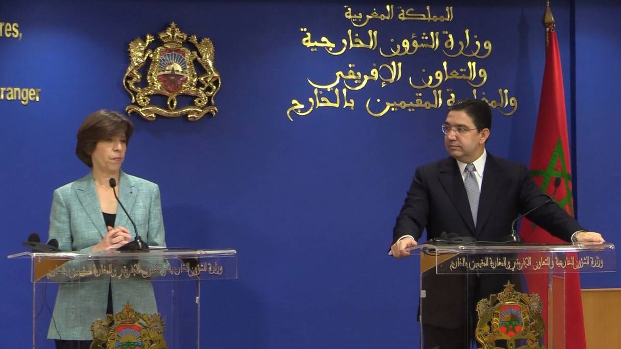 Catherine Colonna, cheffe de la diplomatie française, et Nasser Bourita, ministre des Affaires étrangères, vendredi 16 décembre 2022, à Rabat.
