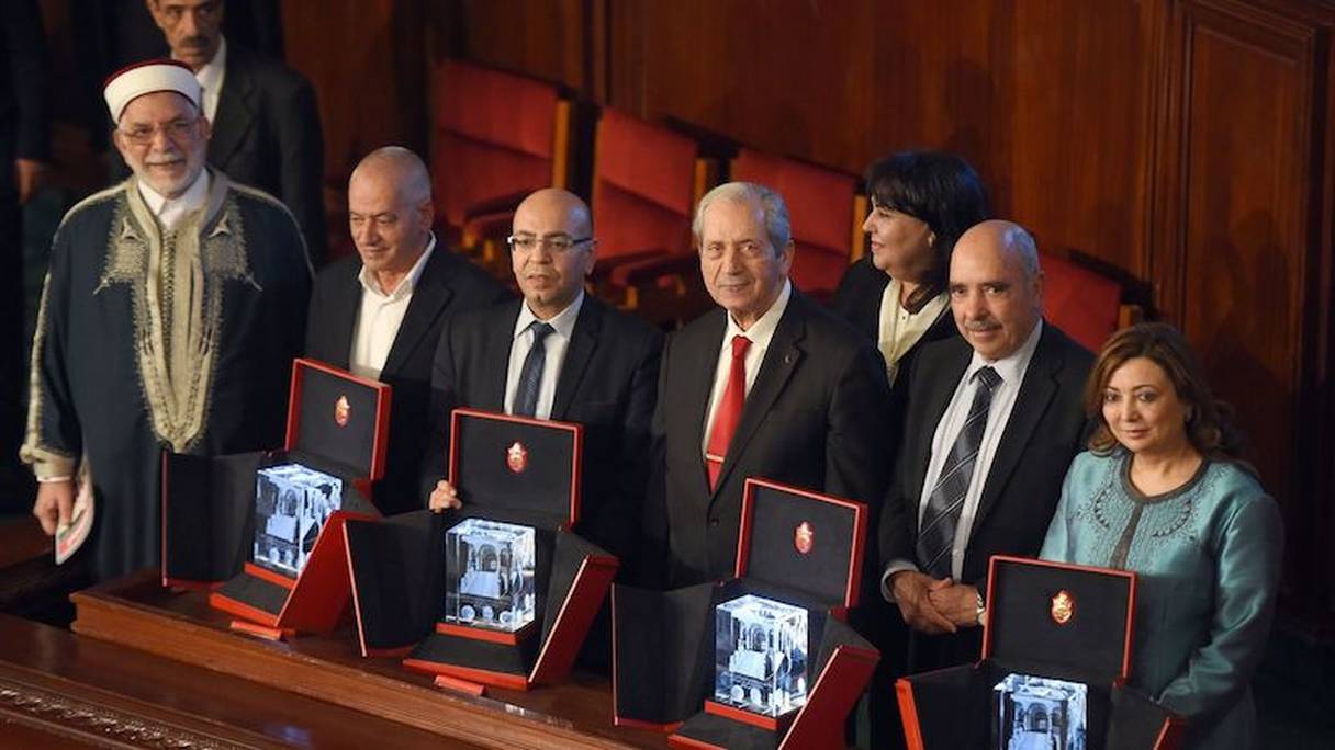 Les lauréats du prix Nobel de la Paix 2015, le 16 février 2016 en Tunisie.
