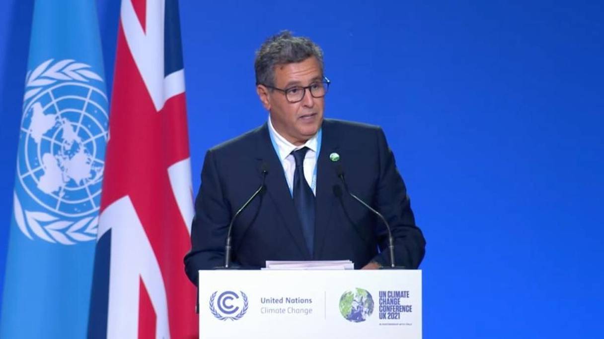 Le Chef du gouvernement, Aziz Akhannouch, lors de la 26e Conférence des Parties des Nations Unies sur le changement climatique (COP26-Novembre 2021).
