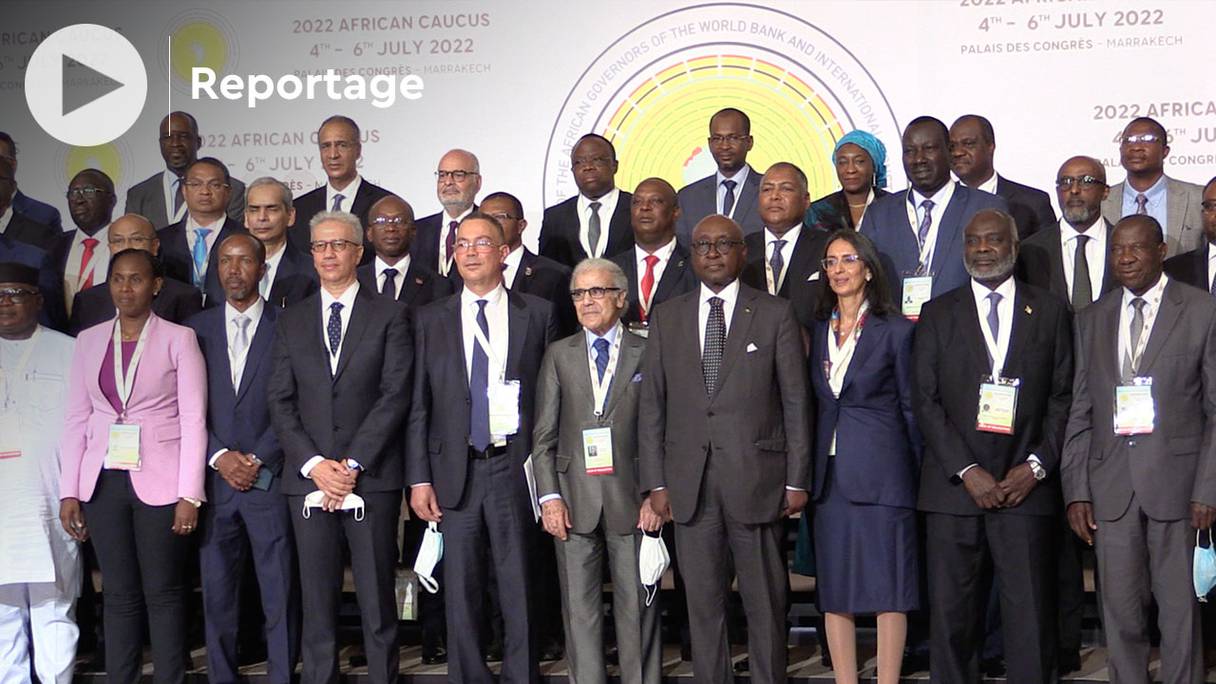 Cérémonie d’ouverture du Caucus africain, qui réunit des ministres des Finances et des gouverneurs des Banques centrales d'Etats africains, membres de la Banque Mondiale et du FMI, le 5 juillet 2022 à Marrakech.
