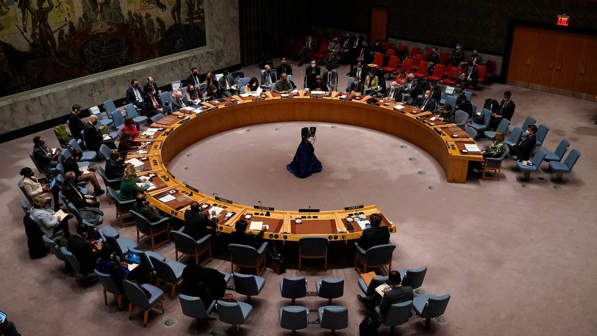 Réunion du Conseil de sécurité des Nations Unies, à New York, le 21 février 2022.
