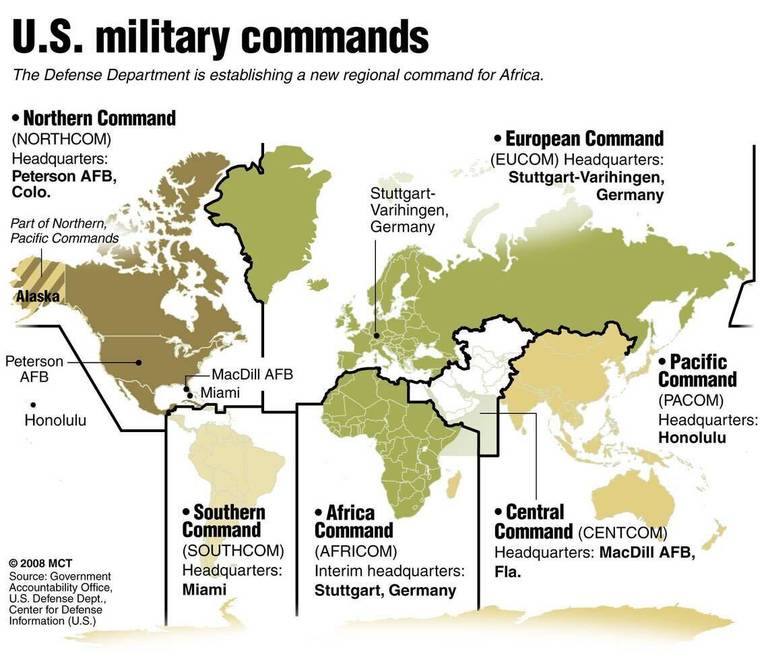 Les commandements militaires américains dans le monde selon les zones géographiques. D'autres commandements existent, suivant certaines spécialités (cyber, espace...).