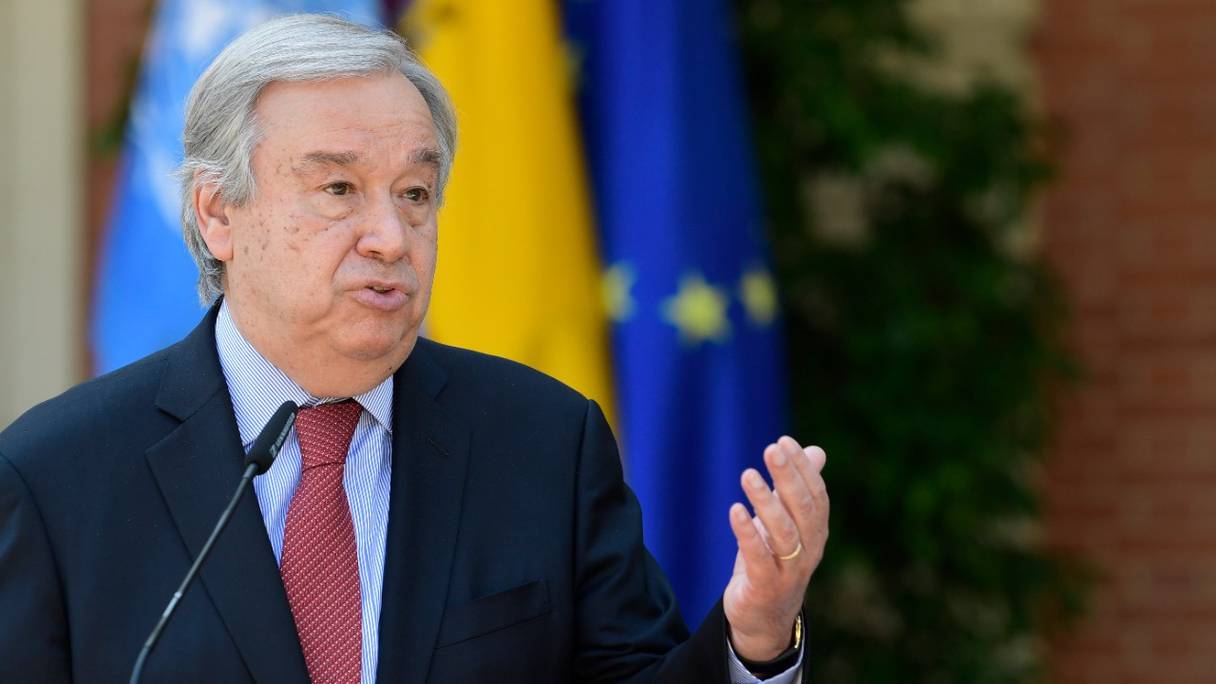 Le secrétaire général des Nations Unies, Antonio Guterres, s'exprime depuis le palais de la Moncloa, à Madrid, en Espagne, le 2 juillet 2021.
