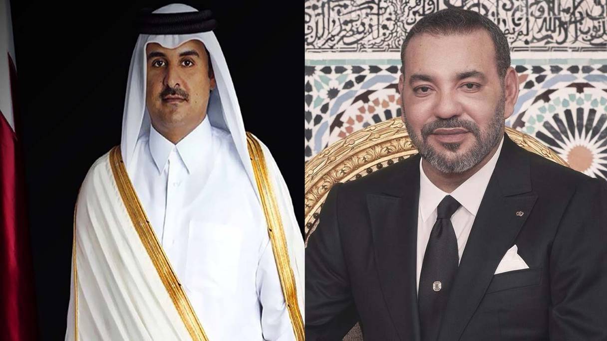 L'Emir de l'Etat du Qatar, Cheikh Tamim Bin Hamad Al Thani, et le Roi Mohammed VI.
