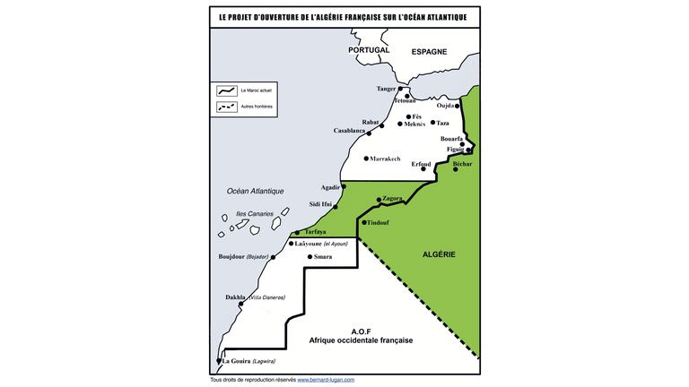 La carte prouvant que la France coloniale avait déjà fomenté le projet d’un accès de l’Algérie française à l’Atlantique via le Maroc.
