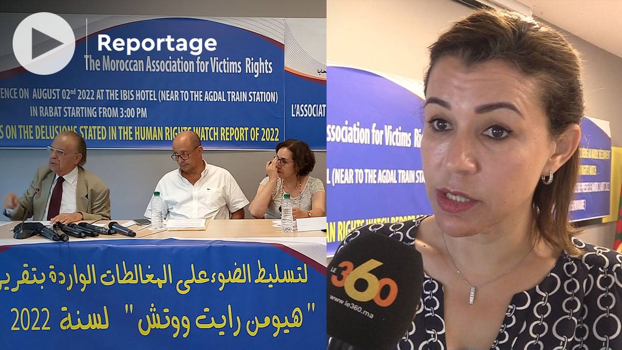 Me Aïcha Guellaa, présidente de l’Association marocaine des droits des victimes (AMDV), lors de la conférence de presse, le 2 août 2022, au cours de laquelle l'AMDV a annoncé sa décision de porter plainte à New York contre HRW pour violation des droits des victimes.
