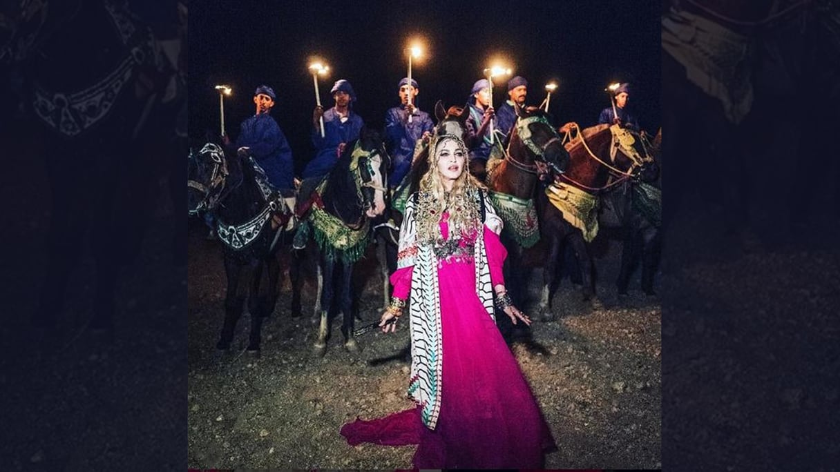 Madonna, lors de la célébration de son 60ème anniversaire, en août 2018, dans le désert d'Agafay, à Marrakech.