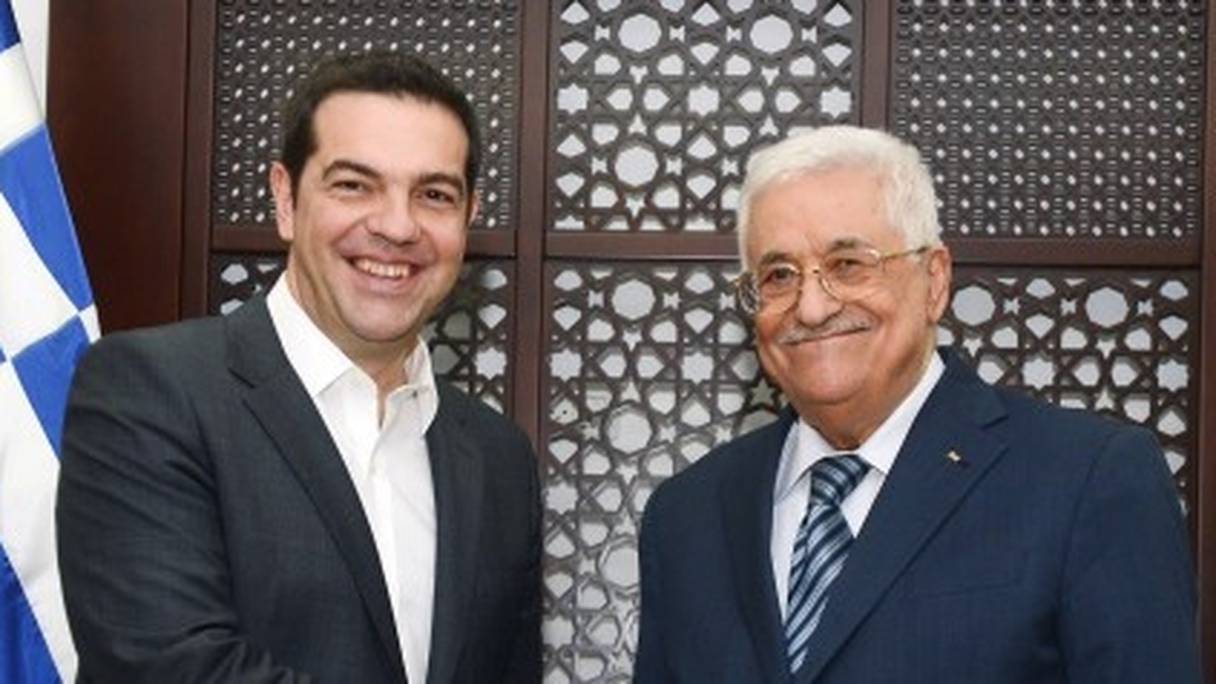Le Premier ministre grec Alexis Tsipras et le président palestinien Mahmoud Abbas.
