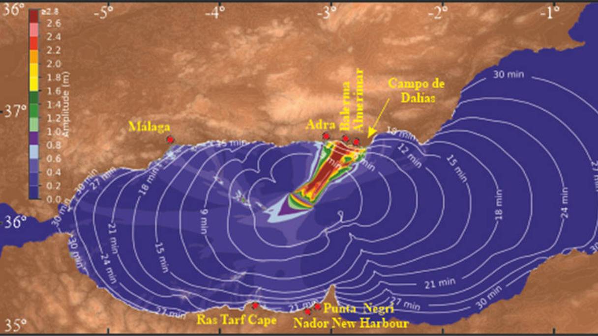 Modèle de propagation du tsunami et des zones côtières de la mer d'Alboran qui seraient affectées, selon l'étude menée par le CSIC. 
	 
