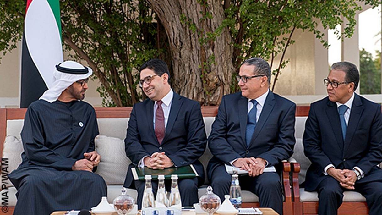 Mohamed Ben Zayed Al-Nahyan, prince héritier d'Abou Dhabi recevant Nasser Bourita et Mohamed Boussaid.
