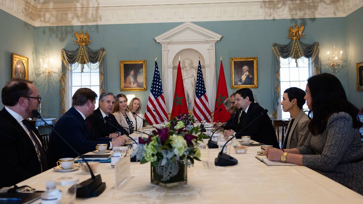Lors de la rencontre entre le ministre des Affaires étrangères, Nasser Bourita, et le secrétaire d'Etat américain, Antony Blinken, lundi 20 mars 2023 à Washington.