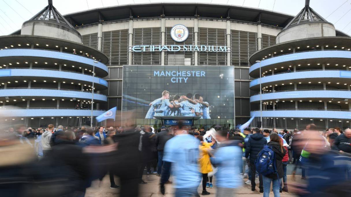 L'équipe de Manchester City, ici avant un match de C1 contre Liverpool, le 10 avril 2018. 
