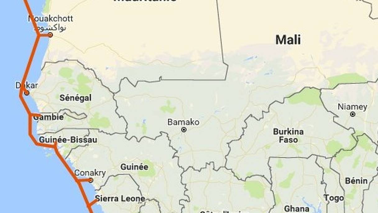Tracé prévisionnel (non officiel) du gazoduc reliant le Maroc au Nigéria.
