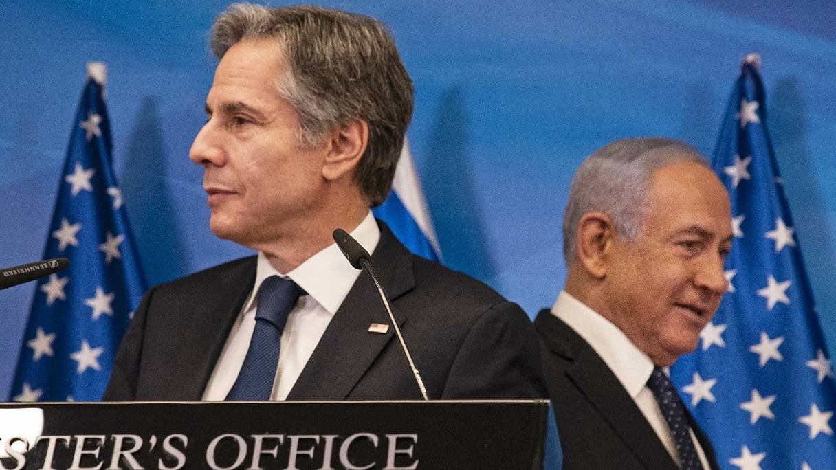 Le Premier ministre israélien Benjamin Netanyahu (à droite) et le secrétaire d'Etat américain Antony Blinken en conférence de presse conjointe à Jérusalem le 25 mai 2021. 
