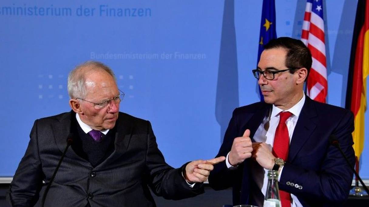 Le ministre allemand des Finances Wolfgang Shhaeuble et le secrétaire américain au Trésor Steven Mnuchin. 

