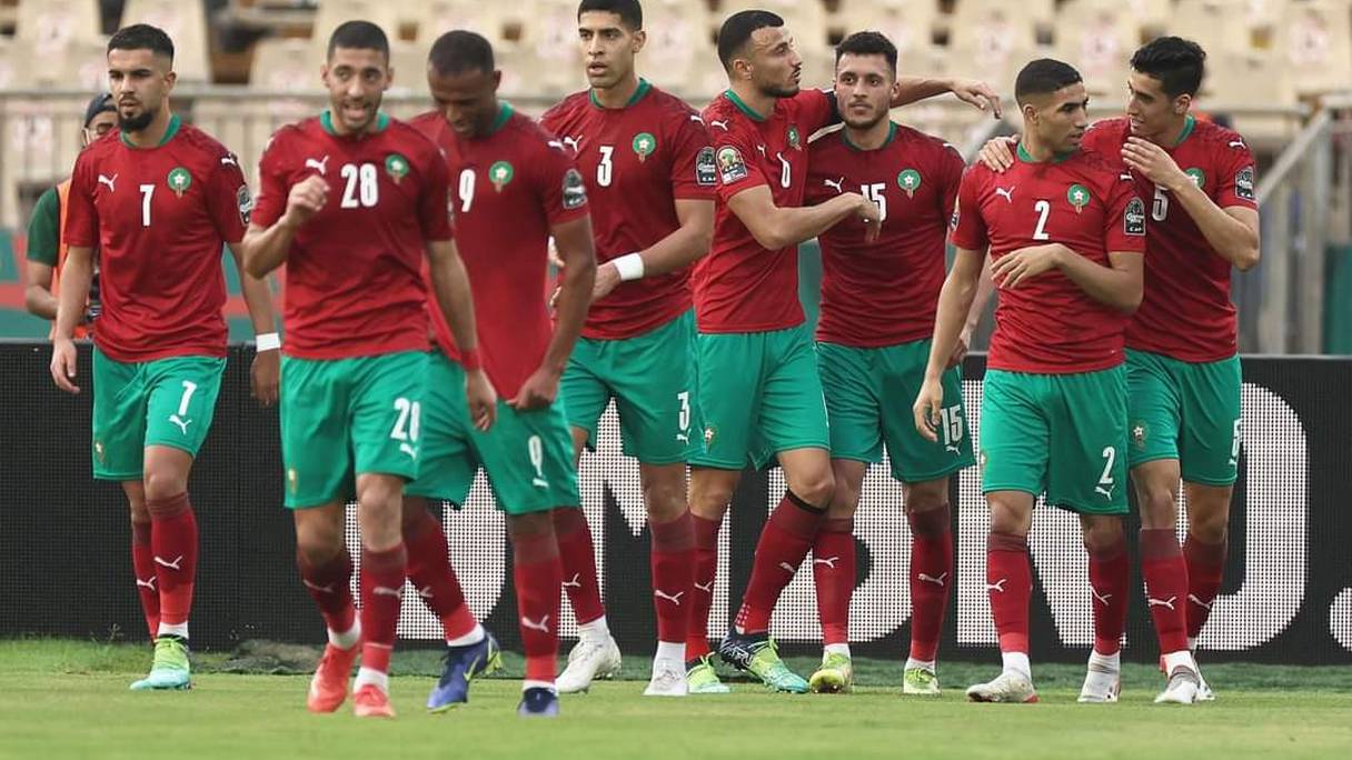 Les Lions de l'Atlas exultent après leur victoire face aux Comores, le 14 janvier 2022.
