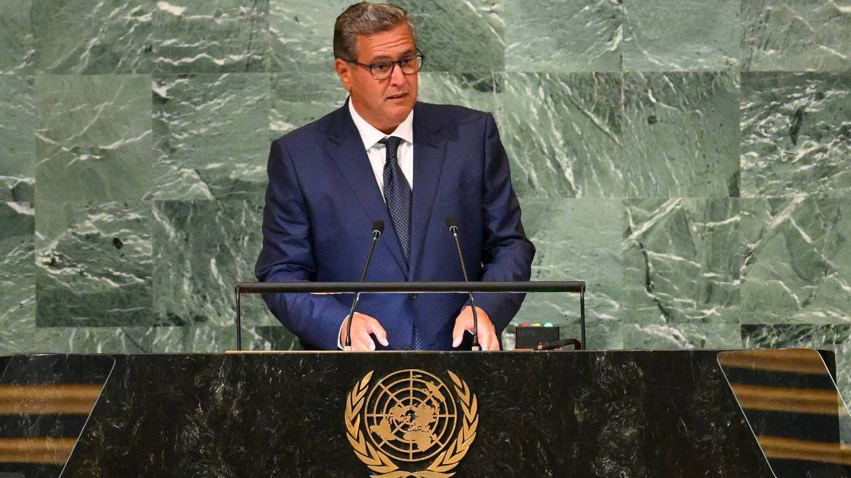 Le Chef du gouvernement, Aziz Akhannouch, s'adresse à la 77e session de l'Assemblée générale des Nations Unies, au siège de l'ONU à New York, le 20 septembre 2022.
