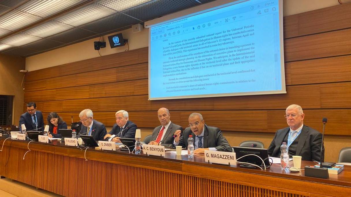 Lors de la réunion-débat sur l’implication des acteurs locaux dans l’Examen périodique universel, initiée par le Maroc mercredi 21 septembre 2022, à Genève.
