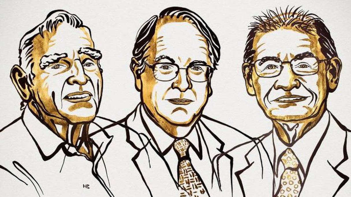 Croquis des trois chimistes récompensés John Goodenough, Stanley Whittingham et Akira Yoshino.
