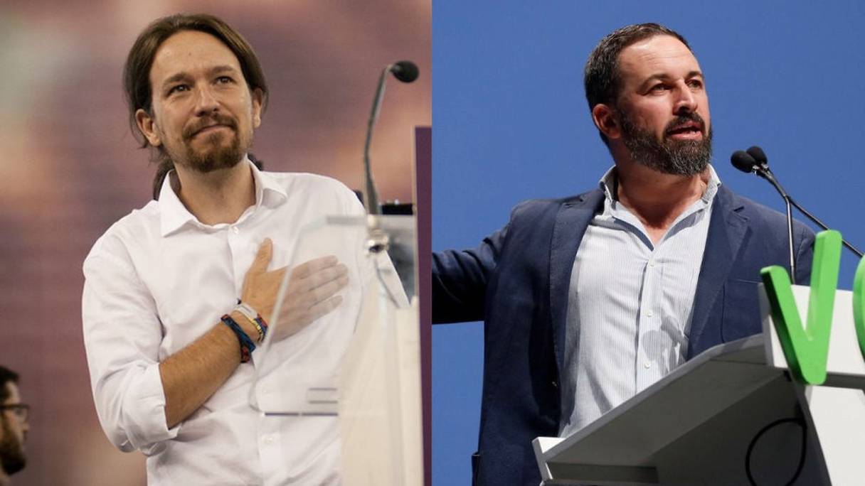 Pablo Iglesias, SG de Podemos (gauche ultra-radicale), et Santiago Abascal, chef du parti Vox (extrême-droite). 
