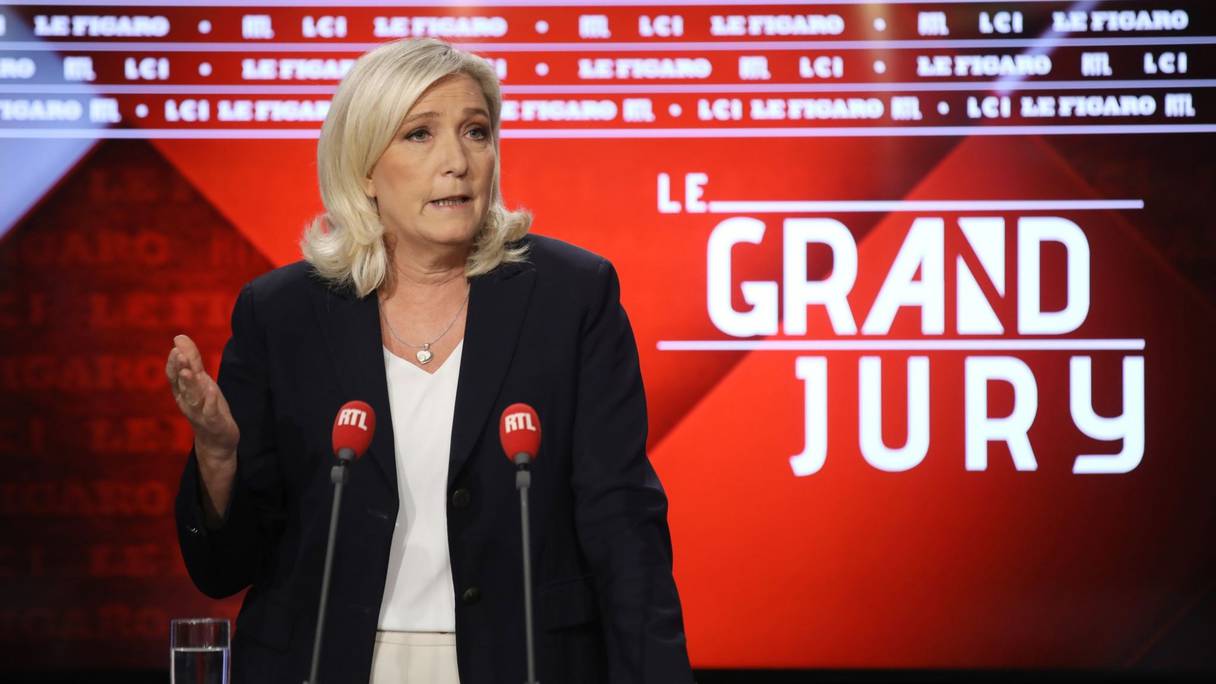 Marine Le Pen, Présidente du Rassemblement National, invitée de l'émission "le grand jury", sur LCI.
