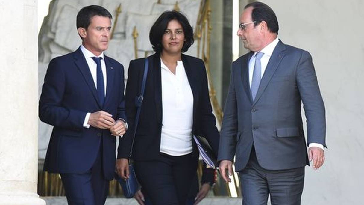 Myriam El Khomri entourée de Manuel Valls et François Hollande.
