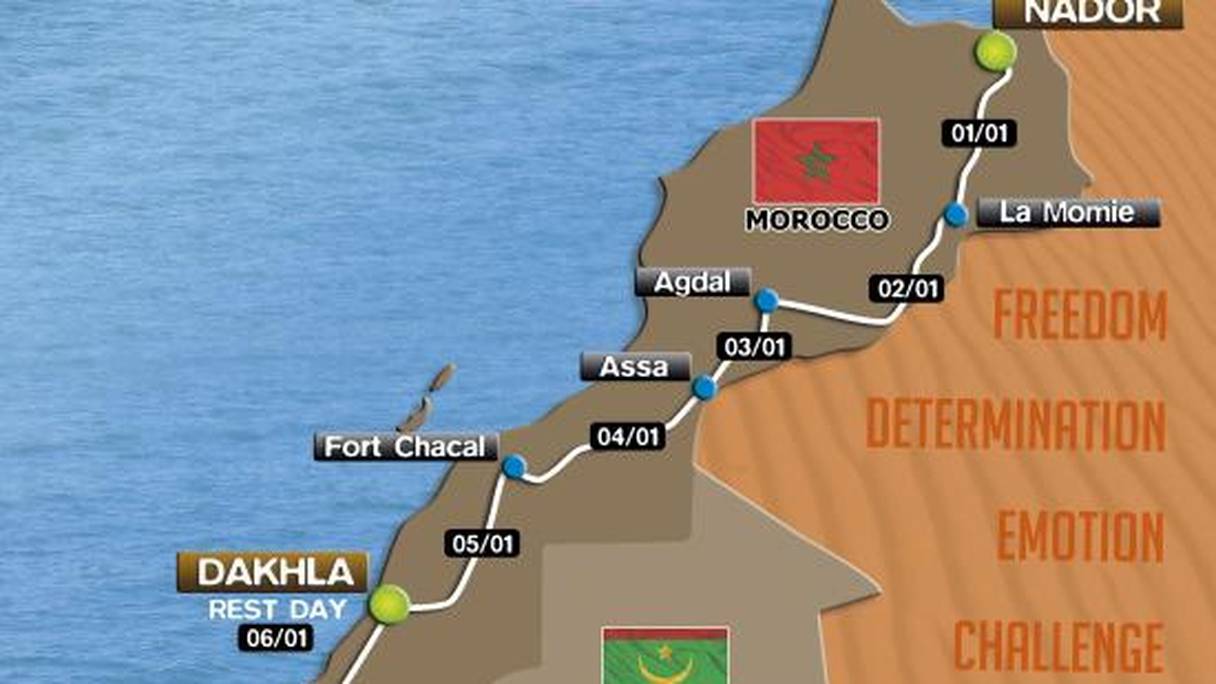 La carte du Maroc diffusée dans son intégralité sur le site Africa Ecorace, où est indiqué le circuit qui sera emprunté par les participants à la 11ème édition de ce rallye-raid international. 
