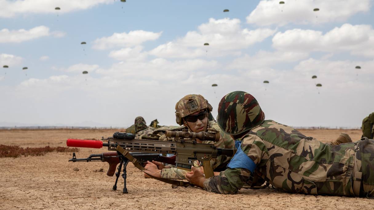 Des soldats américains et marocains lors d'un exercice conjoint dans le cadre de l'édition 2023 de African Lion.