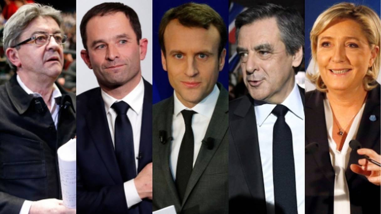 Les candidats à la présidentielle française (de g. à d.): Jean-Luc-Melenchon, Benoit Hamon, Emmanuel Macron, Francois Fillon et Marine Le Pen.

